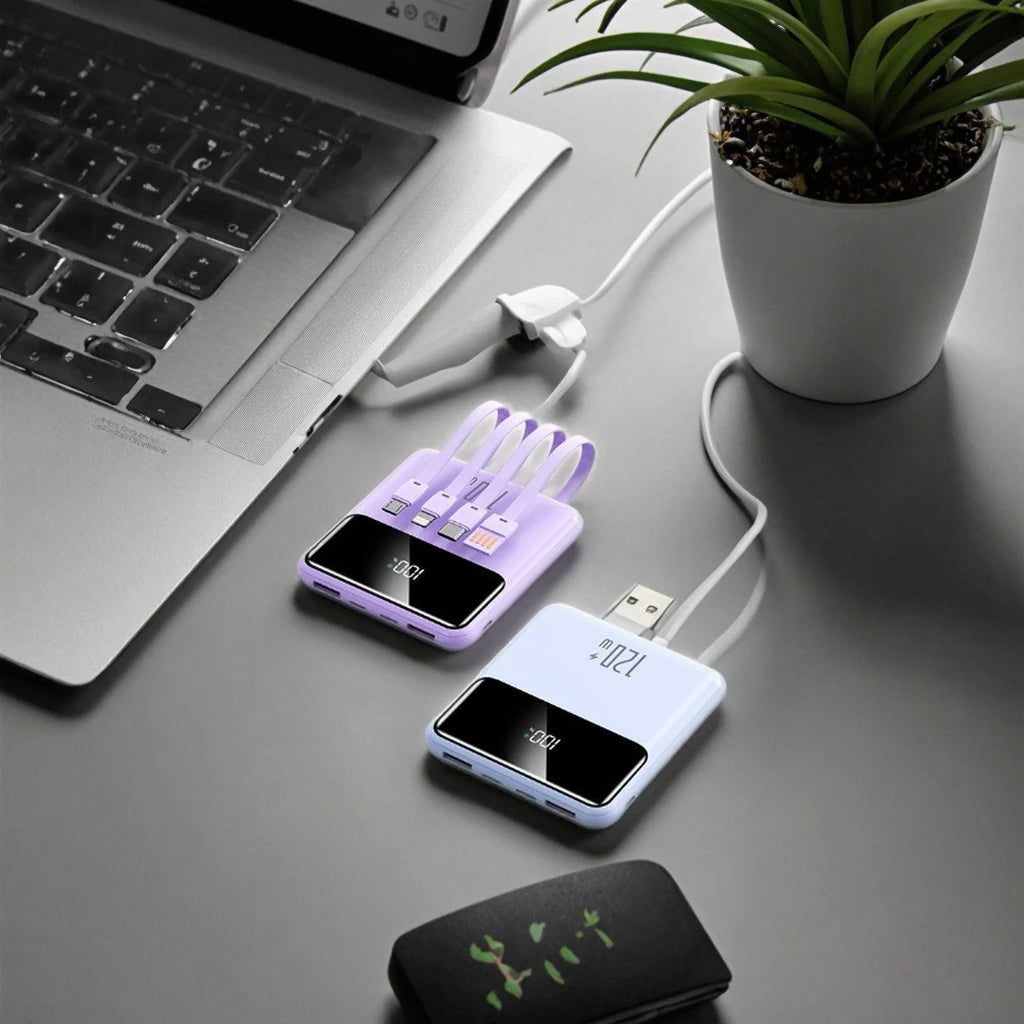 10,000mAh mini power bank with built-in charging cables