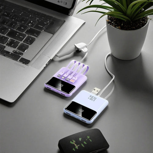 10,000mAh mini power bank with built-in charging cables